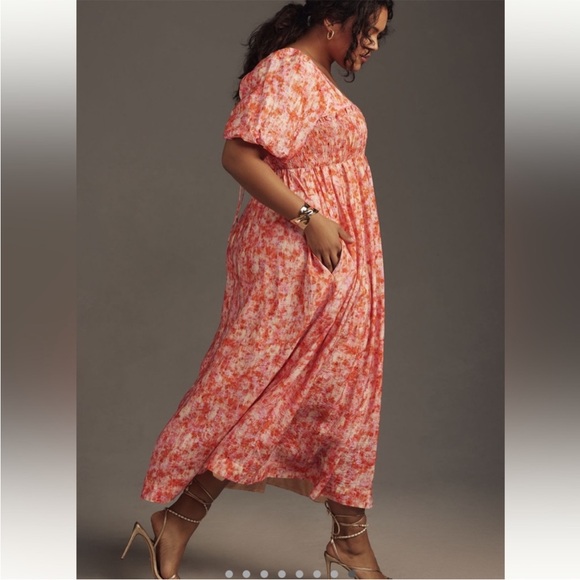 By Anthropologie Short-Sleeve Smocked Babydoll Midi Dress Size 1X - Picture 2 of 13